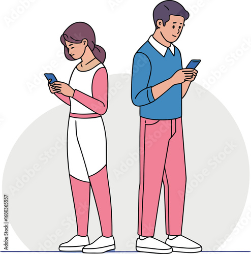Vector art of couple standing back to back looking at their phones, disconnected from each other