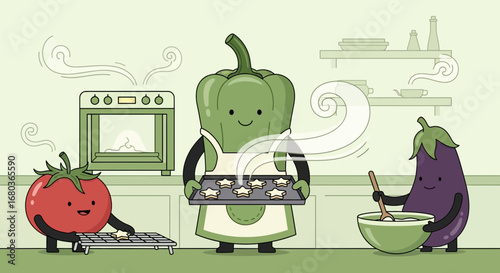 Vegetal Chefs Cooking Together, Baking Perfect Star Cookies in the Kitchen's Atmosphere