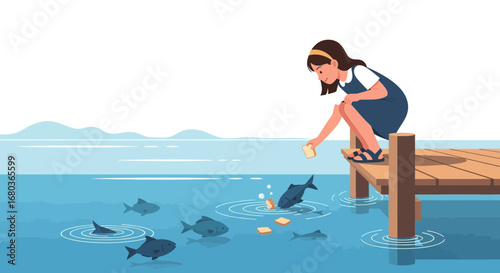 A young girl feeding fish bread from a wooden dock in a calm lake illustration