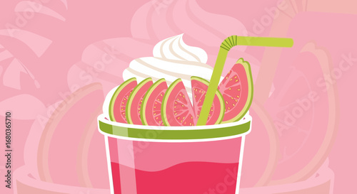 Vibrant And Delicious Guava Smoothie With Whipped Cream And Fresh Fruit Garnishing