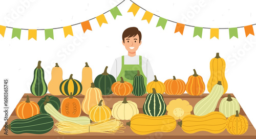 Vibrant Autumn Market Display Showcasing Various Pumpkins Varieties and A Smiling Vendor