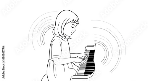 A young girl playing the piano with sound waves radiating in a black and white illustration