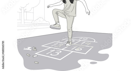 A Young Girl Playing Hopscotch on a Paved Surface in an Outdoor Setting