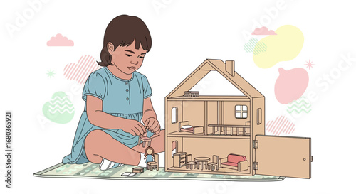 A young girl playing with her toy dollhouse isolated on white background