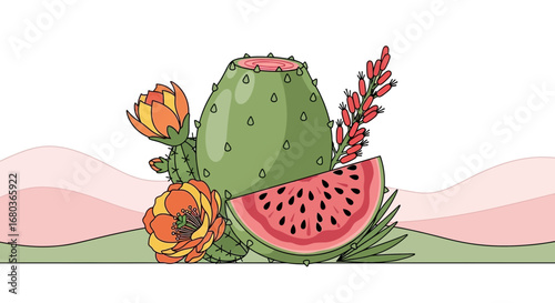 Vibrant Cactus Illustration Featuring Flowers, Watermelon Slice and Colorful Background