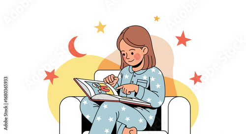 A young girl reading a book in pajamas with stars and a moon illustration