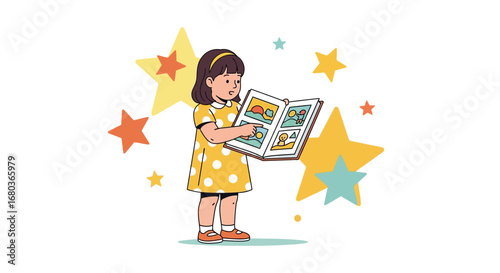 A young girl reading a book with colorful stars in a cartoon illustration style