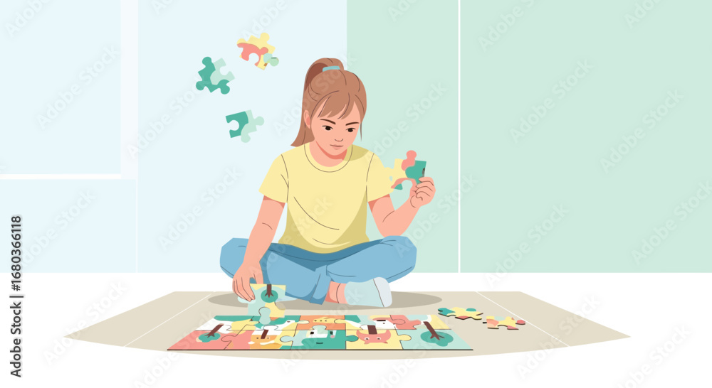 Fototapeta premium A young girl solving a puzzle, sitting on the floor, playing and doing activities