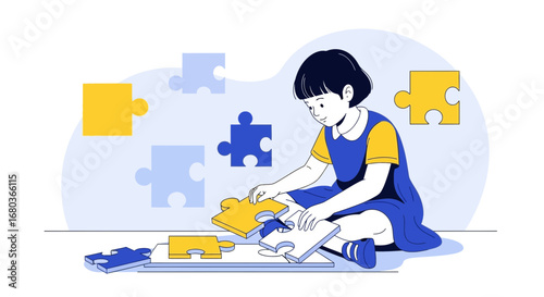 A young girl solving a jigsaw puzzle, concept of problem-solving illustration
