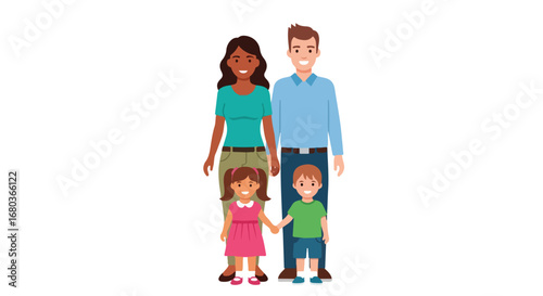Diverse Family Portrait Illustrating Unity and Love with Cheerful Expressions and Casual Attire, representing family bonds and happiness