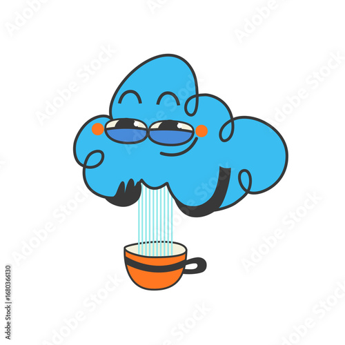 Cartoon rainy cloud character. Hand drawn funny cloud peeing in a mug. Funny children's nature character. Vector illustration