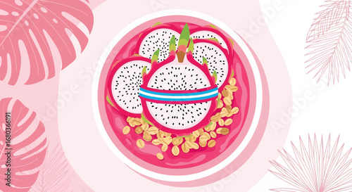 Vibrant Dragon Fruit Bowl Composition Decorated With Floral Elements On Pink Surface