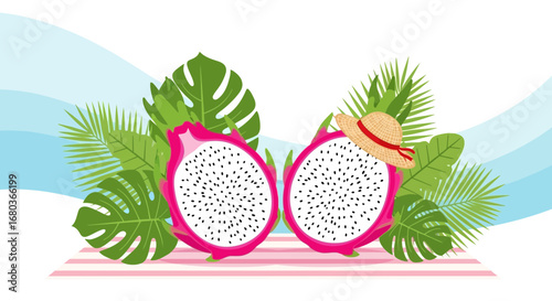 Vibrant Dragon Fruit Illustration Featuring Tropical Leaves And A Sun Hat On The Beach