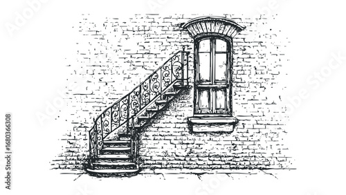 Sketch of an old exterior staircase with ornate railing beside a window on brick wall. Vector hand drawn illustration