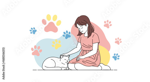 A Young Lady Petting a Relaxed Cat While Surrounded by Colorful Paw Prints.