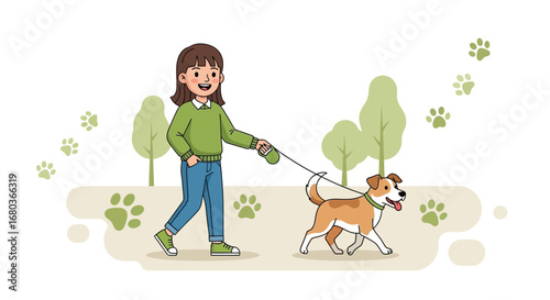A Young Lady Enjoys A Leisurely Walk With Her Happy Canine Companion Outdoors