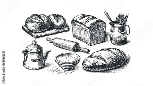 Sketch of bakery items including loaves of bread, rolling pin, and wheat stalks. Vector hand drawn illustration