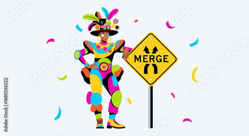 Vibrant Figure Standing Beside Merge Sign on a Colorful Confetti Dotted Background