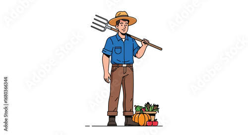Illustrative farmer with pitchfork and bountiful harvest showcasing agricultural success and rural lifestyle in vector drawing style