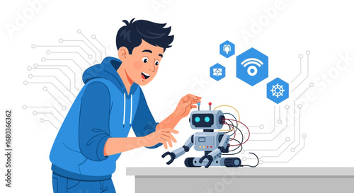A young man building a robot, science and technology development concept illustration