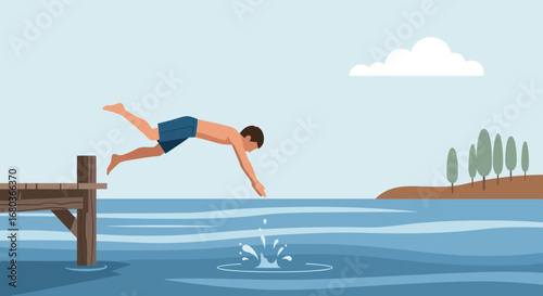 A Young Man Leaps Into Water From A Wooden Dock Enjoying The Summer Day