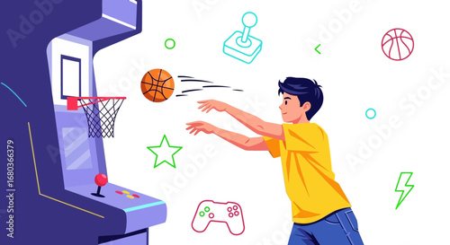 A Young Man Playing Basketball at an Arcade Game Machine Concept Illustration