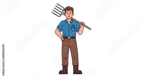 Cartoon illustration of a smiling farmer with a pitchfork over his shoulder ready for work in the fields or at the farm showcasing rural vocation