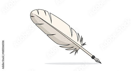 Stylized illustration of a quill pen with a white feather symbolizing writing and creativity tools for communication and historical illustration media