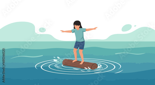 A Young Person Balances On A Log In Calm Waters, Embracing The Journey