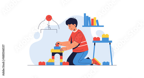 A Young Person Building With Construction Bricks, Creating Structures and Embracing Childhood