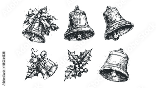 Festive holiday bells and holly sprigs with ribbon decorations. Vector hand drawn illustration