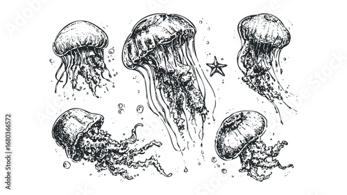 Hand Drawn Group of Jellyfish and Starfish on White. Vector hand drawn illustration