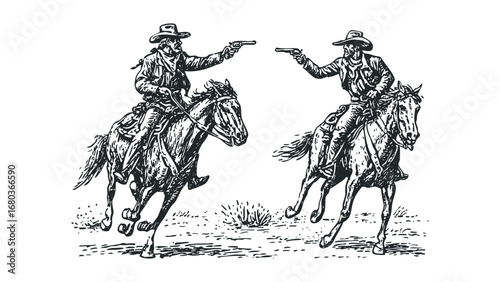 Two cowboys facing off on horseback with guns drawn in a duel. Vector hand drawn illustration