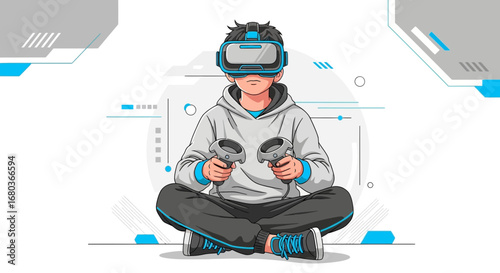 A Young Person Immersed in a Virtual Reality Experience Holding Controllers
