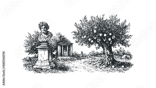 Ancient Greek Stone Bust Overlooking Temple Ruins and Fruit Tree Scene. Vector hand drawn illustration