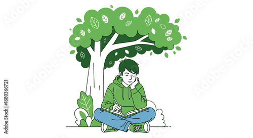 A Young Person Pondering and Writing Under the Shade Of A Tree For Thoughtfulness