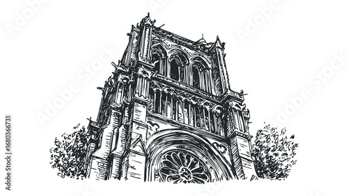 Ornate gothic cathedral facade with gargoyles and rose window. Vector hand drawn illustration