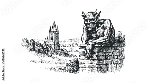 Gargoyle resting on brick ledge overlooking gothic architecture and trees. Vector hand drawn illustration