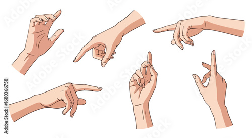 Diverse hand gesture illustrations showcasing direction and expression for communication design or creative projects