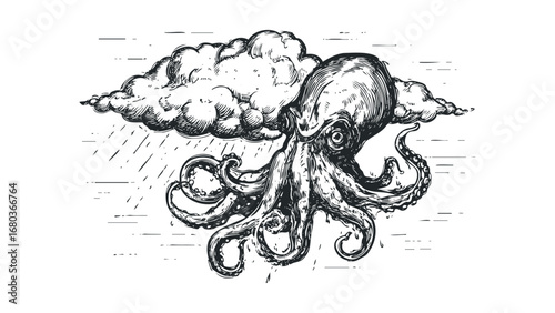 Detailed ink drawing of an octopus emerging from a stormy cloud with rain. Vector hand drawn illustration