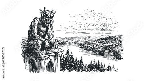 Gargoyle perched on architecture overlooks forest valley with river and clouds. Vector hand drawn illustration
