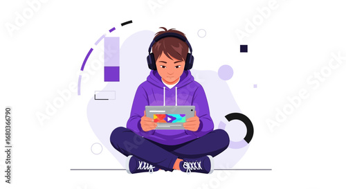 A young person sitting and using tablet listening to music or watching videos, vector illustration
