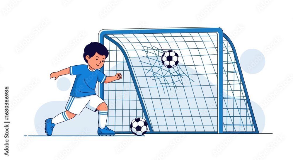 Fototapeta premium A Young Soccer Player Kicking The Ball With Skill Into The Goal Against A White Background