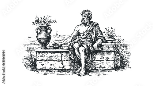 Ancient Sage Seated Outdoors with Laurel Urn and Stacked Books on Stone Bench. Vector hand drawn illustration