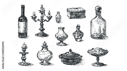 Collection of vintage glass bottles, jars, and ornate candelabra. Vector hand drawn illustration