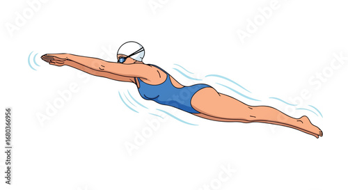 Dynamic aquatic motion: A stylized portrayal of a swimmer gliding through cool water with streamline position with water waves behind her for active