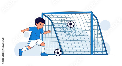 A Young Soccer Player Kicking The Ball With Skill Into The Goal Against A White Background