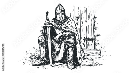 Medieval Knight Sitting with Sword by Wooden Doorway. Vector hand drawn illustration