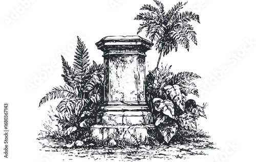 Stone pedestal surrounded by lush foliage and palm fronds. Vector hand drawn illustration
