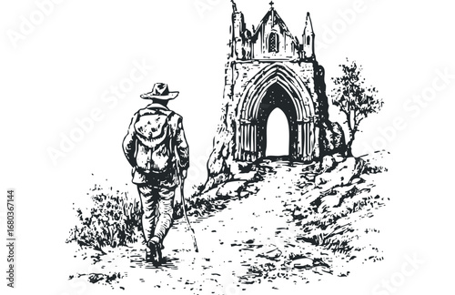 Man in hat walking towards ancient stone archway in sketch style. Vector hand drawn illustration